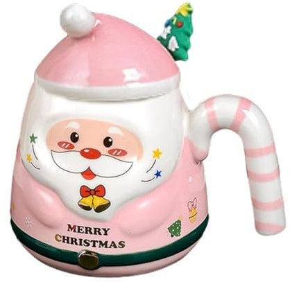 MAGICVOGEL Weihnachten Kaffeetasse 400ml große Weihnachtstasse Cartoon 3D Weihnachtsmann Kaffeebecher Weihnachtsbecher mit Deckel und Löffel Kreatives Geschenk Teetasse (Rosa)