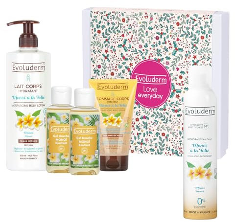 EVOLUDERM – Coffret Bain Femme - Soins Corps - Monoï de Tahiti - 4 Produits + Déo OFFERT - d'Origine Naturelle - Idée Cadeau - Coffret cadeau de Noël – Anniversaire - Fête des Mères (Cocooning)