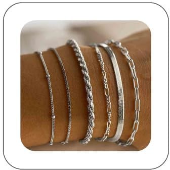 Dervivea Boho Layered Silver Bracelet Chain Paperclip Link Chain Bracelets Dainty Herringbone Twisted Rope Chain Bracelet Box Figaro Chain Bracelet Jewelry for Women 6 Pcs
