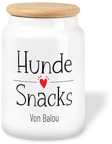 Leckerlidose für Hunde & Katzen personalisiert – ca. 650ml Keramikdose für aromasichere Aufbewahrung von Hundekeksen & Snacks - Vorratsdose mit Holzdeckel & Silikondichtung (Hunde Snacks)