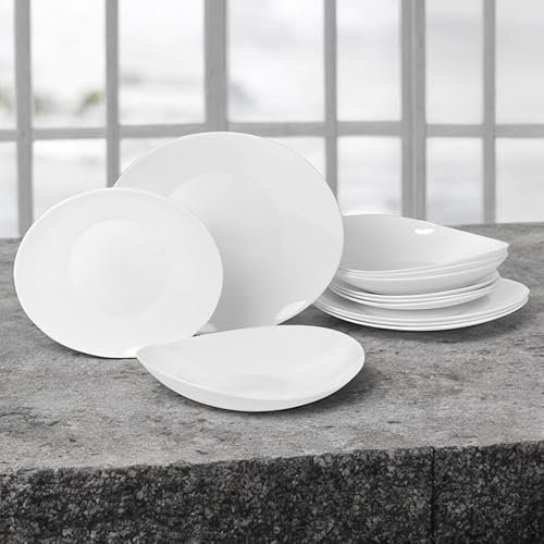 12/24 Pc Dinner Set Bowl Side Dinner Plate 12 or 24 Piece Smooth Plain or Wavy Service Set Dessert Cereal Bowl Plates (Venice Boat - 12 Pcs)