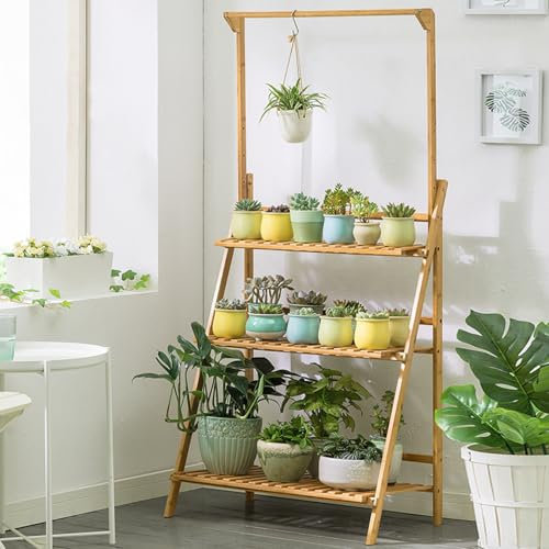 cadciehe Bamboo Flower Stand 3-Tier Plant Stand with Hanging Pole Adjustable Height Flower Pot Organizer Rack Hanging Plant Stand Planter Shelves for Indoor Outdoor Plant Wooden Color