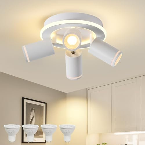 LED Deckenleuchte 4 Flammig Schwenkbar,Runde Deckenstrahler mit unteres Glühen 22W+4x5W GU10 Spots,3000K Warmweiß Deckenlampe strahler,Modern Deckenspot Lampe,Spotleuchte wand für Küche,WohnzimmerWeiß