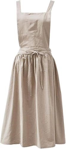 HRUNVC Cotton Linen Aprons Plain Japanese Style Women Art Flower Shop Clothing for Women Kitchen Cooking Aprons Retro Literature Bib Aprons Womenwith Large Pockets (beige)