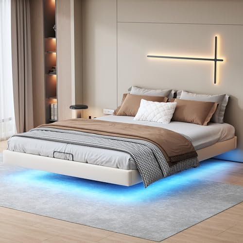 AONYAYBM Lit Coffre 160x200, Cadre de Lit 160x200 cm avec Sommier, LIt Rembourré Hydraulique avec Rangement, Double en Métal avec LED, Cachées Jambes, lit 2 Personnes pour Adulte, PU, Beige