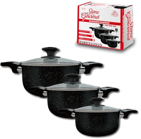 ARCA, Set 3 Pentole Antiaderenti con Coperchio, Casseruole in Allumino Adatte a Piani Cottura a Gas o Induzione, Lavabili in Lavastoviglie, Diametri 16/20/24 cm, Collezione Stone Gourmet