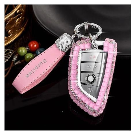 SCSTHRCRA Für B&MW 5er 525 Schnalle X5 Shell 1er 3er 320 Fünf X1 X2 X3 Paket 530 Li Edge Autoschlüsseletui Vollabdeckung Schlüsselgehäuse(Pink,R Lanyard)