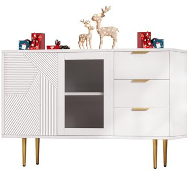 infirack Commode à 3 tiroirs et 2 portes avec pieds en métal et portes vitrées Blanc 120 x 38 x 79,5 cm