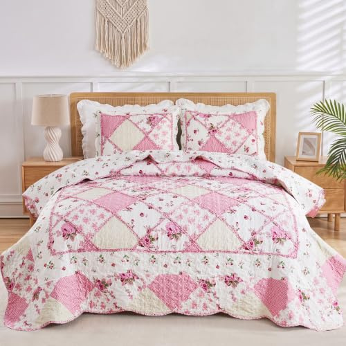 VIVILINEN Patchwork-Bettwäsche-Set, Rosa, Queen-Size, wendbar, gesteppt, Tagesdecke, 3-teilig, Blumenmuster, leicht, mit 2 Kissenbezügen