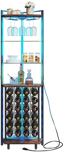 Industrieller Eck-Barschrank mit LED-Licht und Ausgang, freistehendes Weinregal mit Glashalter und Flaschenaufbewahrung, stilvolles Likörregal für Küche und Zuhause