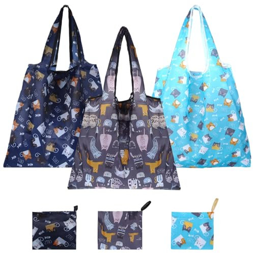 ShinherYee 3 Stück Katzenmotiv Einkaufstasche Faltbar, Faltbare Einkaufstasche 46x66cm, Wiederverwendbare Faltbare Tasche mit Griff Einkaufstaschen für Lebensmitteleinkauf Picknicken Camping