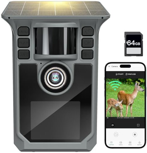 Hrivcam 4K 64MP Wildkamera mit Handyübertragung APP, Solar WLAN Bluetooth Eingebaute 5000mAh, 64GB Speicherkarte, Wildkamera mit Bewegungsmelder Nachtsicht, IP67 Wasserdicht 130°Weitwinkel