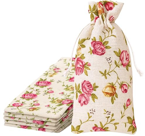 Mandala Crafts 18X24 Inch Rose Burlap Drawstring Gift Bags for Favors - 10 Large Floral Linen Sacks Gift Pouches for Candy, Coffee, Jewelry, Wedding, and Party Supplies