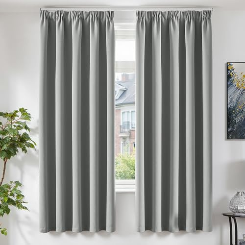 TOPICK Gardinen Vorhänge Verdunklungsvorhänge H200xB140 2er Set Hellgrau | Gardinen mit Kräuselband Schlafzimmer für Schienensystem Vorhänge Blickdicht Wohnzimmer Blackout Curtains Fenstervorhang