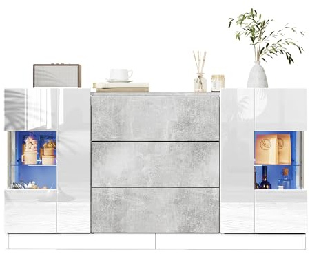 Hommdiy Elegantes Sideboard mit 2 Türen und 3 Schubladen – Hochglänzende weiße Fronten und Grauer Marmorlook, LED-Beleuchtung mit 16 Farben, 140 x 35 x 75 cm