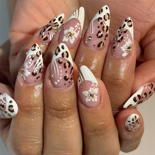 Dermalyx Leopardenmuster Weiße Blumen Strass Design Press On Nails, Mandelform Künstliche Nägel Kurz, Soft Gel Nägel Zum Aufkleben, Klebenägel Falsche Nagelspitzen