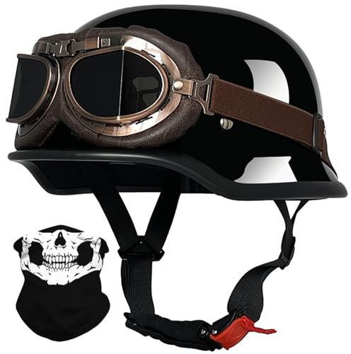 Mezzo Casco Da Motociclista Stile Tedesco Con Occhiali,Caschi Jet E Demi- Omologato ECE Scooter Cruiser Unisex Casco A Scodella 13,M/(57~58cm)