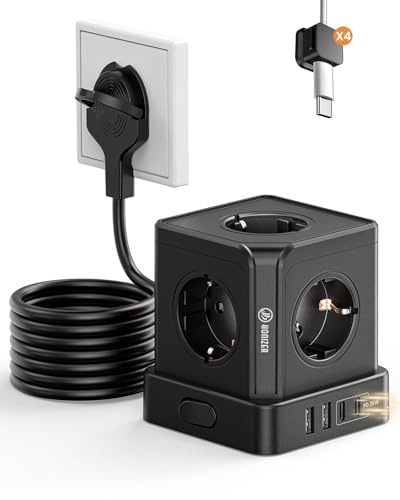 Honizer 9-in-1 Flachstecker Mehrfachsteckdose mit USB C 25W 4000W | Kompakt Tischsteckdose 5 AC + 2 USB-C + 2 USB-A,Verteilersteckdose 3m, Schwarz