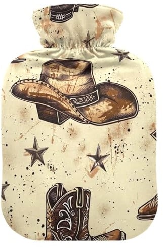 Vintage Cowboy Boot Beige Hot Water Bottle with Soft Velvet Cover Hot Water Bag for Foot Bed Warmer Pain Relief Small
