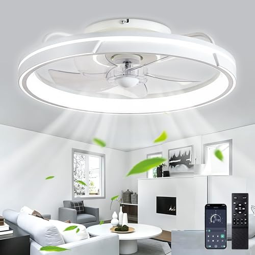 GZHXYJ Leise Deckenventilator mit Beleuchtung 64W LED Dimmbar, 50cm Weiß | Deckenleuchte mit Ventilator Fernbedienung und APP Timer, 3000K-6500K, 6-Gang, Lampe Ventilator für Wohnzimmer Schlafzimmer