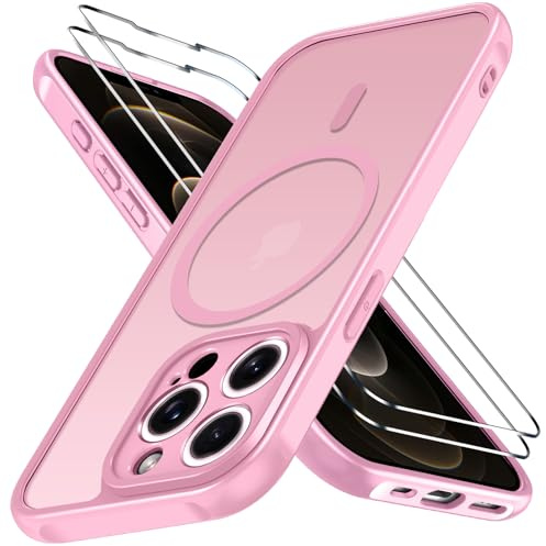 iVoler Cover Magnetica per iPhone 12 Pro Max 5G con 2 Pezzi Pellicola Vetro Temperato, [Compatibile con MagSafe] Custodia Traslucida Opaca Sottile Anti-Impronte MagSafe Case, Rosa
