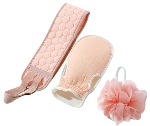 Uonlytech Moufles Exfoliants Corps 3 Pièces, Ensemble Boule de Bain et Serviette Pratique, Couleur Rose Clair, Accessoire Hygiène Bain, Exfoliant Dos et Peau