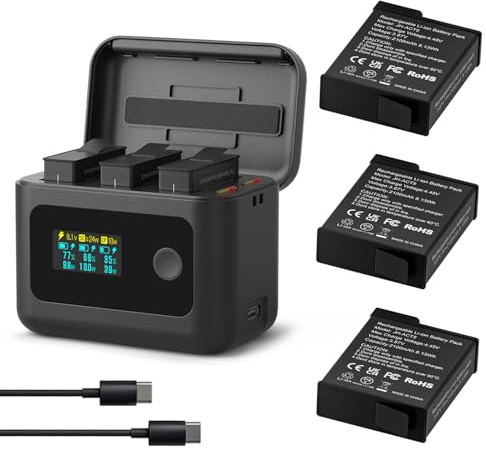 SYMIK 3er-Pack Action 6 Akkus mit Ladegerät für DJI Action 5 Pro, Osmo 360 | 2100mAh Ersatzakku für DJI Osmo Action 4 / 3, 24W Triple-Slot PD-Schnelllade-Case, OLED Smart Charging Hub, Akku Zubehör