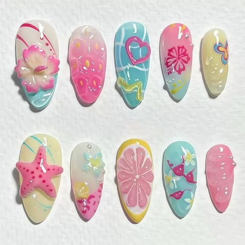 Summer Starfish Press on Nails Medium Almond Fake Nails with 3D Flower Designs Shell False Nails Butterfly Lemon Ocean Beach Acrylic Nails Pink Heart Cute Orange Stick on Nails for Women30 Pcs