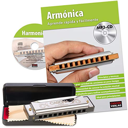 CASCHA Mundharmonika Anfänger Set mit spanischer Schule, Blues Harmonica spielen lernen, inklusive Case, Pflegetuch und Lehrbuch, C Dur Harmonika, Silber