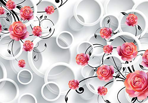 wandmotiv24 Fototapete Rosen Ornamente rot, M 250 x 175 cm - 5 Teile, Wanddeko, Wandbild, Wandtapete, Blumen, Weiss, Kreise M1312