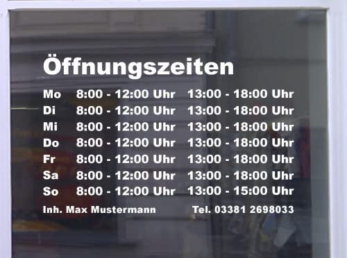 Öffnungszeiten Maxi Schaufensterbeschriftung Aufkleber Werbung Laden Geschäft Silber Breite 58 cm