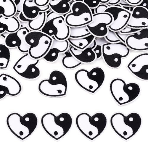 Craftdady Aufnäher / Bügelbild in Herzform, Yin Yang, spirituell, bestickt, für Kleidung, Hüte, Hemden, Dekoration, 30 x 34 mm, Schwarz / Weiß, 100 Stück