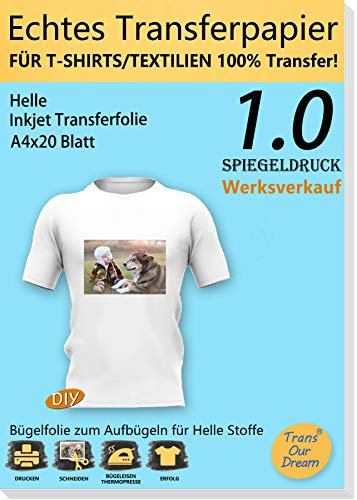 TransOurDream 20 Blatt,A4, ECHTE Inkjet Bügelfolie Transferfolie Transferpapier, Bügelfolie für Tintenstrahldrucker für helle Textilien,T-Shirt Folie zum Aufbügeln,gespiegelt drucken(1.0-20)