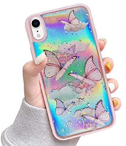 LCHULLE Kompatibel mit iPhone Xr Handyhülle Schmetterling Glänzend Schutzhülle Mädchen Silikon Case Girls Glitzer Hülle für iPhone Xr Rosa