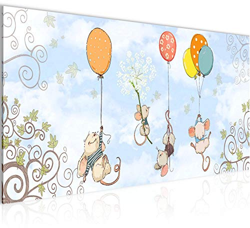 Runa Art Wandbild Kinderzimmer Maus 1 Teilig 100 x 40 cm Modern Bild auf Vlies Leinwand Baby Babyzimmer Spielzimmer Blau Bunt 008012a