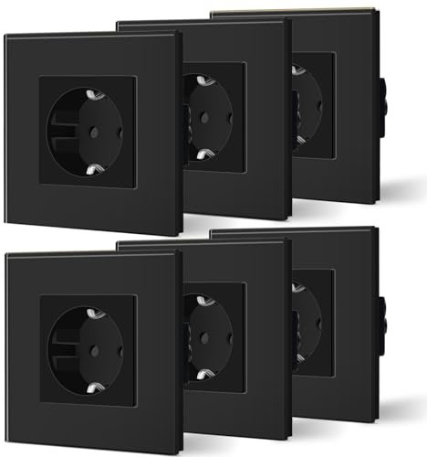 BSEED Presa Schuko, confezione da 6 pezzi, 16 Amp AC Power Cristallo Platte, 1 presa da incasso, 86 mm, presa singola da parete, colore nero