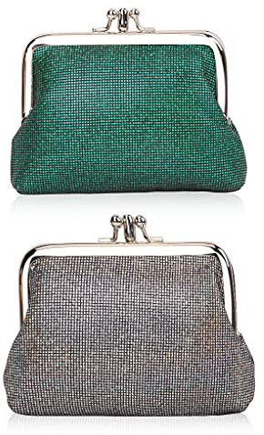 Oyachic 2 Packs PU Porte-Monnaie Double Fermoir Clic-Clac Kiss Lock Coin Purse Rétro Porte-Carte de crédit Sac à Main d'embrayage et Compartiment (green +gray)