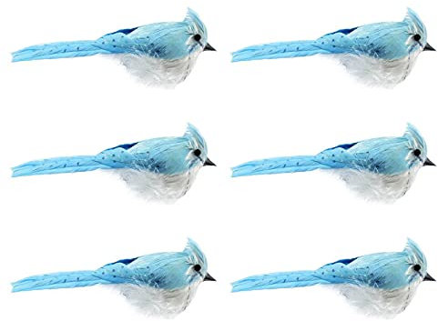 RNSUNH 6 Uccelli artificiali piumati in finta schiuma di uccelli blu e bianchi con clip, ornamento decorativo per albero di Natale, decorazione natalizia