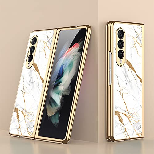 COQUE Galaxy Z Fold 3 5G,étui pour téléphone Portable Ultra Mince en Verre 9H Peinte Brillante,Housse de Pliable Samsung 5G-Marbré-Blanc Doré