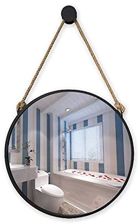 Miroir Mural Rond, Miroir Décoratif Mural Rétro Moderne, Miroir Rond Noir avec Corde De Chanvre Et Cadre en Métal, Propice À La Salle De Bain, Chambre À Coucher, Entrée Salon