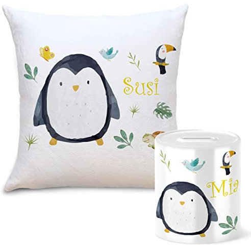 OWLBOOK Safari Pinguin Geschenkset Kinder Spardose und Kissen Personalisiert mit Namen Geschenke Geschenkideen für Kinder Baby Junge Mädchen zum GeburtstagWeihnachten Einschulung Taufe Geburt