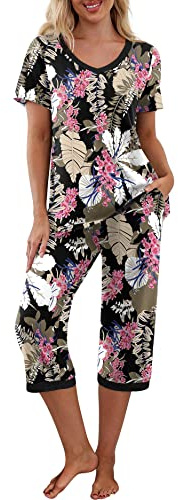 PrinStory Women's Pajama Set Short Sleeve Shirt and Capri Pants Sleepwear Pjs Sets with Pockets FP-Big Leaf Pink-Large