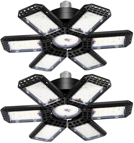 AUDLES 2 Pack Garage Lights, 200W 20000LM 6500K LED Shop Lights, Garage Light Ceiling Led with 6+1 Deformable Panels, Screw in E26/E27 Socket Bulb for Warehouse, Workshop, Basement, Barn Lighting