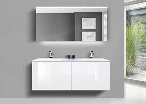 Intarbad ~ Badmöbel Set SKY grifflos 150 cm Doppelwaschtisch, mit Unterschrank und Spiegelschrank Anthrazit Hochglanz Lack IB1756