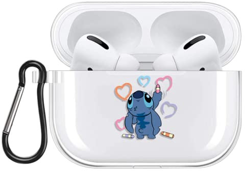 Schön Anime Karikatur Hülle für AirPods Pro 2019 Hülle, Transparent Weiche Silikon Schutzhülle mit Süßes Stitch Muster Stoßfest TPU Case Kompatibel mit AirPods Pro 2nd Generation, 05