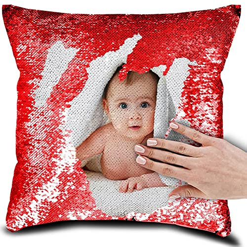 Eletizy Personalisiertes Bild, magischer Wende-Kissenbezug, DIY-Design, Paillettenbilder, Fotos, einseitig Bedruckt, Haustierliebhaber, Familienfoto-Kissenbezug, 40 x 40 cm (nur Bezug) (Rot)