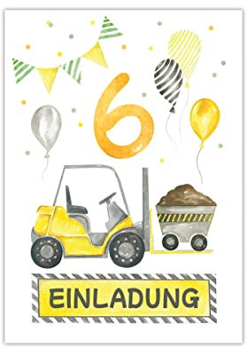 Minkocards 12 Einladungskarten zum sechsten Kindergeburtstag 6. Geburtstag Jungen Jungs Baustelle Bagger Einladungen zum Geburtstag Kinder bunte Geburtstagseinladungen