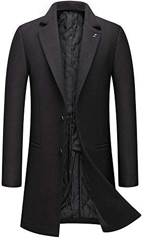 Allthemen Mens Trench Coat Mid Length Lapel Collar Button Down Winter Warm Thick Coat Slim Fit Jacket Outwear 8818# Black L