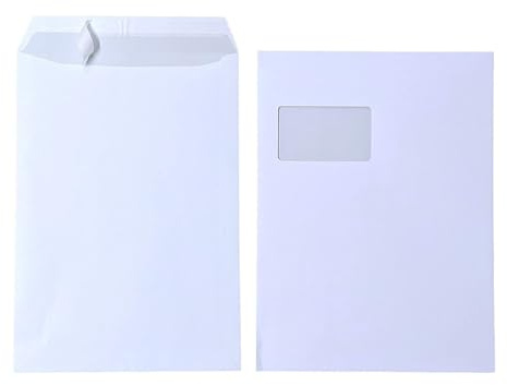 50x Premingo Versandtaschen C4 A4 mit Fenster, selbstklebend mit Abziehstreifen, mit grauen Innendruck, 90 g/qm, Maße 229 x 324 mm Umschläge Kuvert