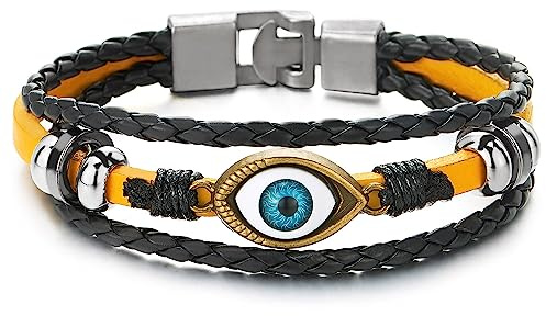COOLSTEELANDBEYOND Trois Rangées Mauvais Oeil Charms - Homme Femme Bracelet en Noir Jaune Cuir - Envelopper Bracelet